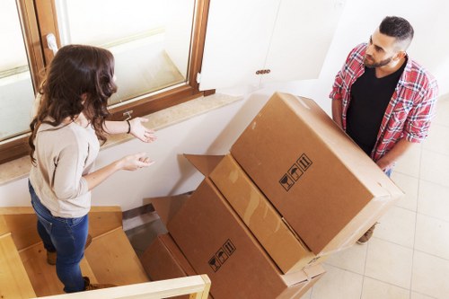 Packed boxes and moving equipment for a Hammersmith relocation